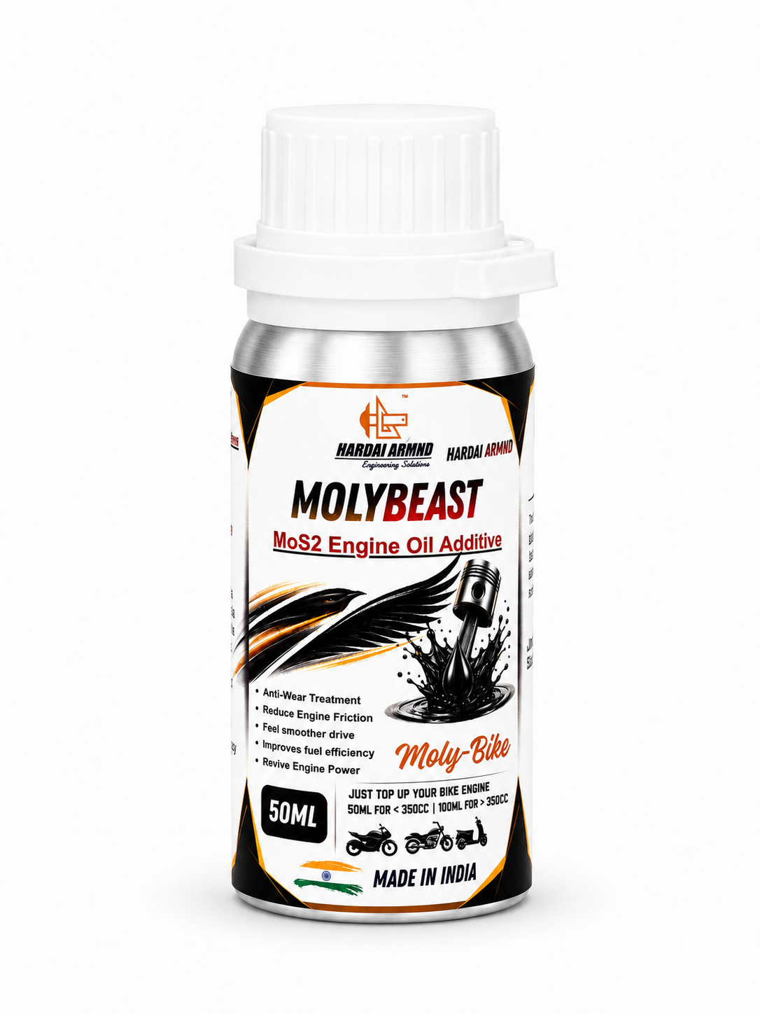 MolyBeast MoS2 MolyBike Engine Oil Additive – 50ml, Anti-Wear Engine Oil Treatment for Motor Bikes up to 350CC Engine
